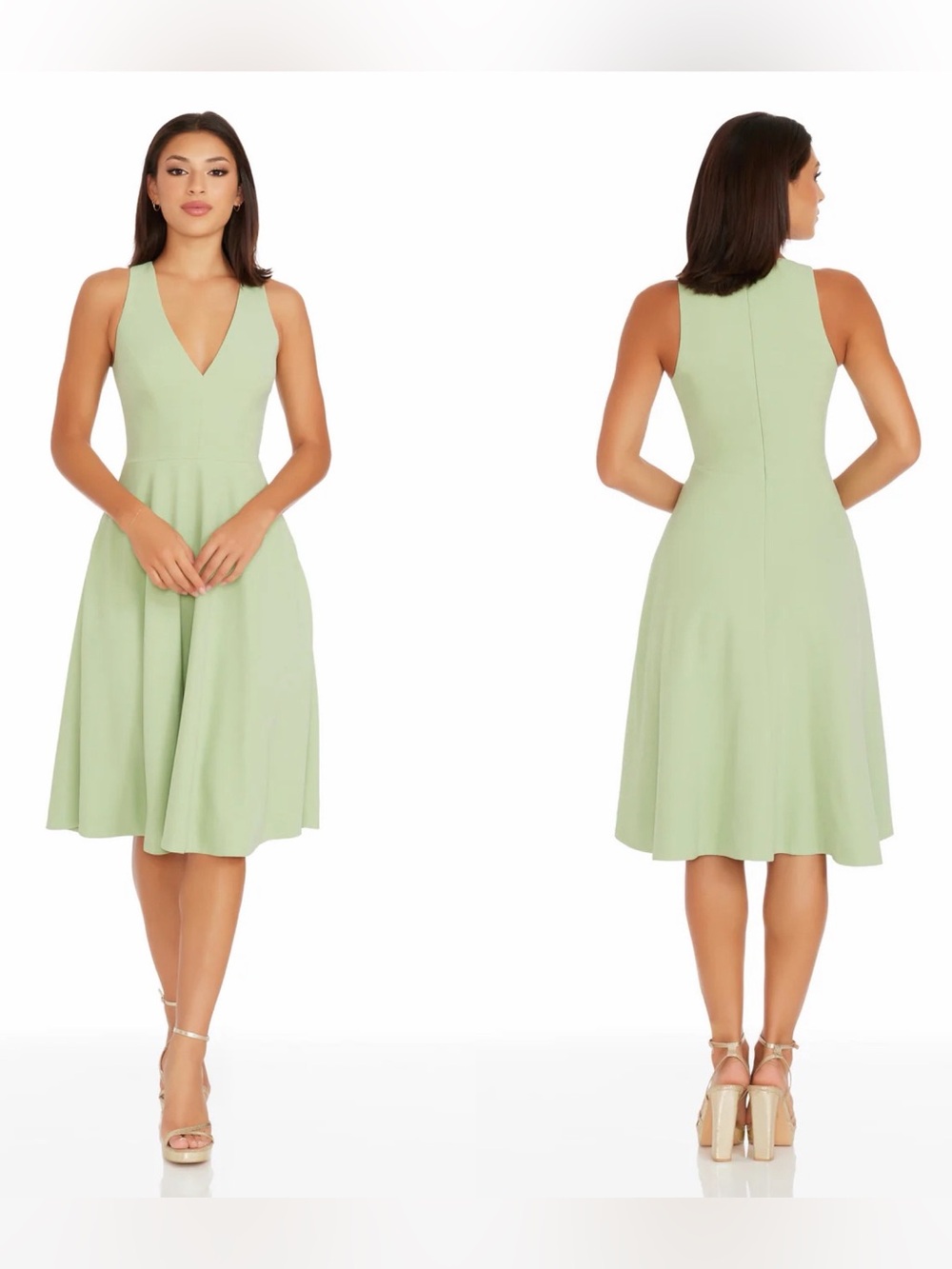 Dress the Population Catalina Sage Green V-Neck Fit and Flare Midi Dress